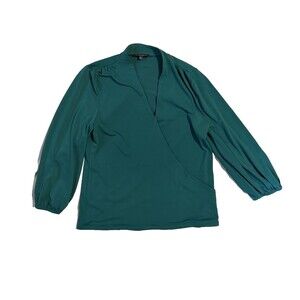Adrianna Papell Women’s Teal Faux Wrap Blouse Size S Blouson Sleeve V-Neck Top
